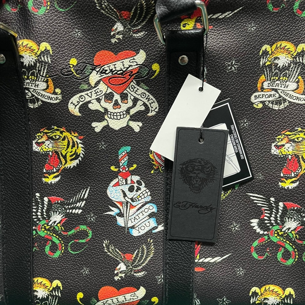 Ed Hardy Duffle Bag Black Tattoo Flash Print Vegan Leather Laptop Sleeve Travel - Picture 8 of 12